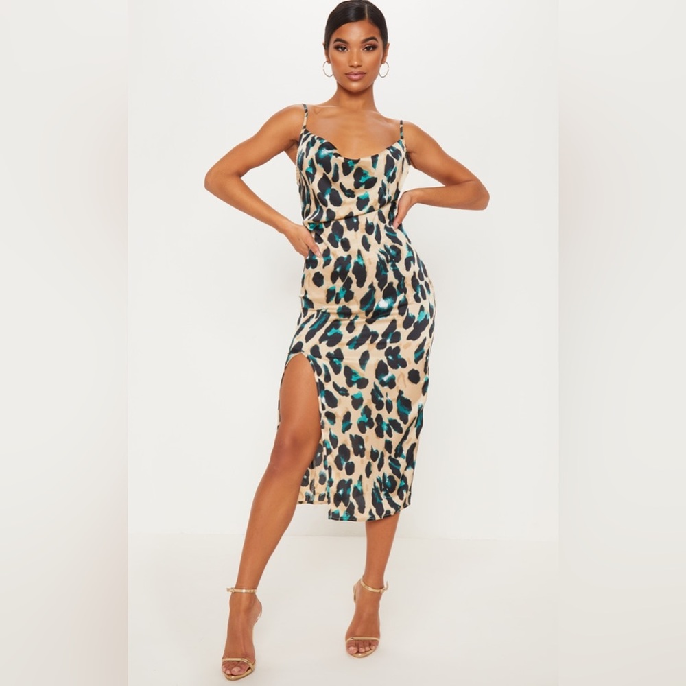 Tan Strappy Satin Leopard Print Cowl Midi Dress Size 4 NWOT